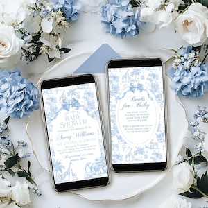 Blue Toile Safari Baby Shower Phone Invitation, Vintage French All Blue Floral Bow Digital Invite, Safari Animal Theme, Edit Phone Invite