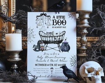 Little Boo Halloween Baby Shower Invitation, Gothic Nursery Invite (PDF & JPG)