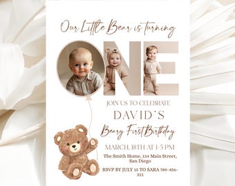 Editable Beary First Birthday Photo Invitation Template,  Little Bear is One Digital Invite Download