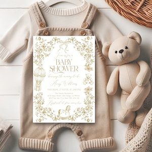 Invito per baby shower floreale in toile oro modificabile, invito stampabile per baby shower con orsacchiotto vintage, toile francese di genere neutro
