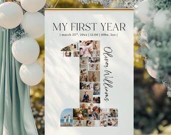 Baby Milestone Sign Photo Collage, Minimal 1st Birthday Milestone Poster Digital, Modern One Milestone Photo Board Printable Template, Canva