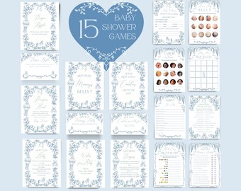 Baby Shower Games Bundle, Boy Dusty Blue Toile Game Pack, Blue Chinoiserie Vintage Bow Game Printable, Elegant Blue Floral Baby Shower Game