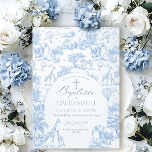 May include: A baptism invitation with a blue and white toile design featuring giraffes, elephants, and zebras. The invitation includes the text "Baptism of David Smith" and event details. Surrounded by white and blue flowers.
