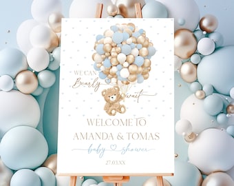 Editable Baby Shower Welcome Sign, Bear Theme Digital Sign, Bear with Blue Balloon, Instant Download Baby Shower Poster Printable