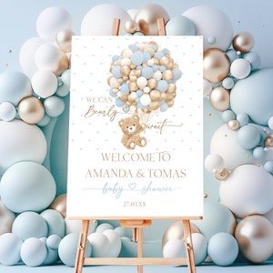 Bearbeitbares Babyparty Willkommensschild, Thema Bär Digitales Schild, Bär mit blauem Ballon, Sofortiger Download Baby Shower Poster Printable