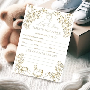 Tarjeta de juego de consejos y predicciones para bebés de Toile, plantilla de predicciones de baby shower de género neutro, descarga inmediata, juego personalizado imprimible