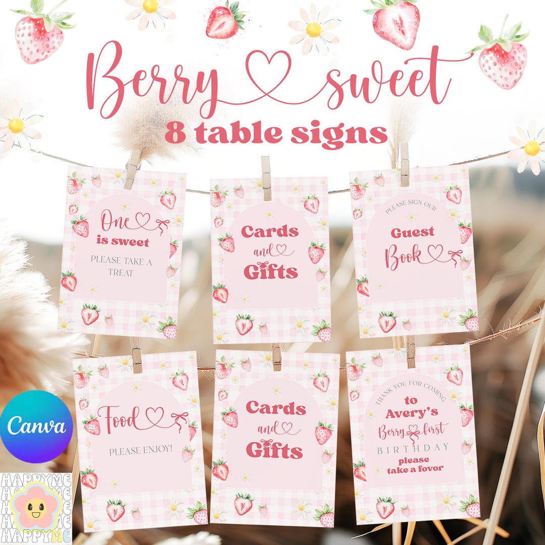 Berry First Birthday Signs Bundle, Pink Gingham Decor (canva Template ...