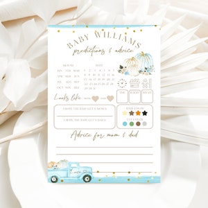 Tarjeta de juego de predicciones para bebés, predicciones de baby shower de calabaza y tarjeta imprimible de consejos, juego personalizado de adivinanzas para bebés, otoño de niño calabaza azul