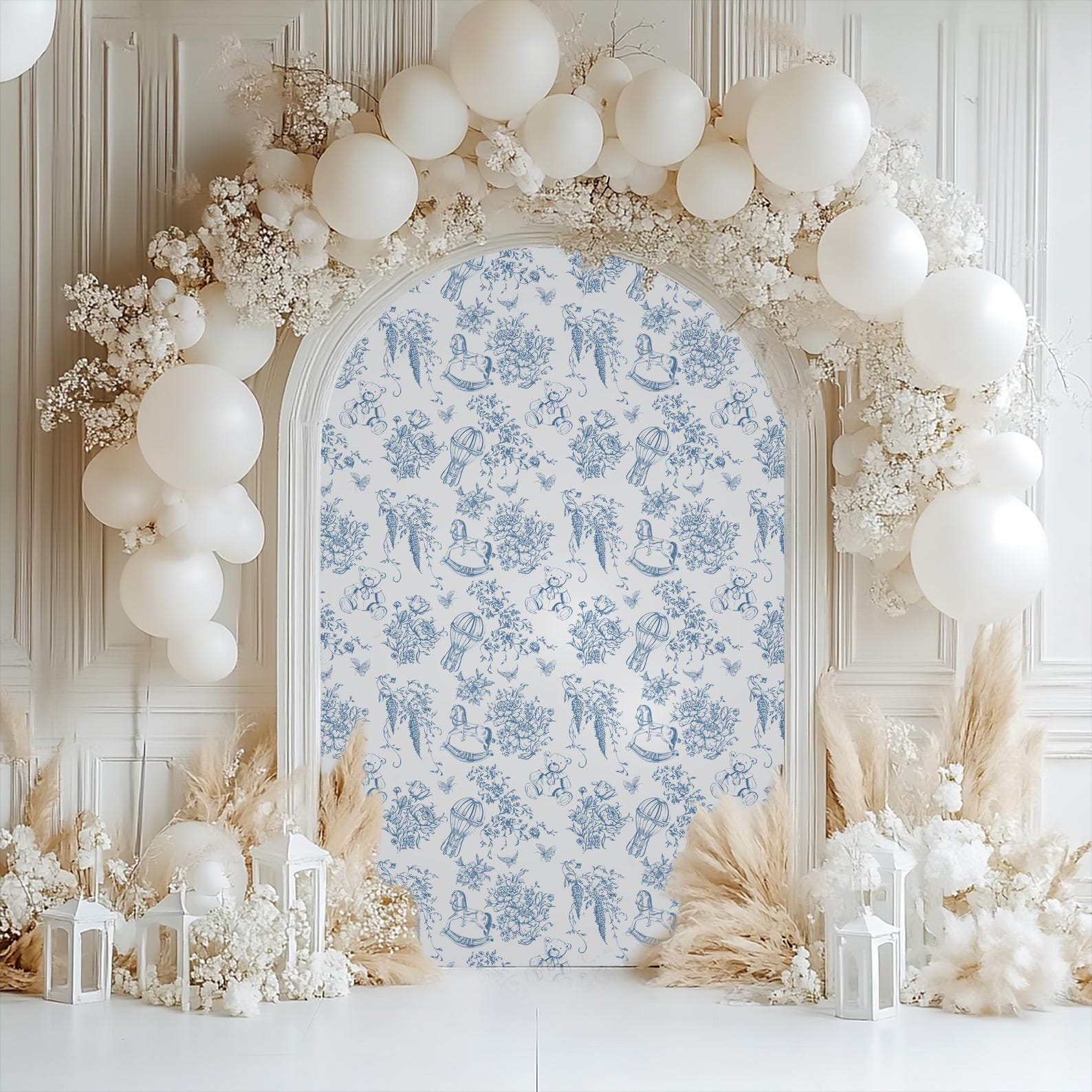 Toile Photo Backdrop Toile De Jouy Blue Baby Shower Backdrop, Vintage Baby Shower Decor ...