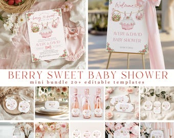 Modèles doux pour baby shower, petits fruits, décoration fraise rose poudré (téléchargement numérique)