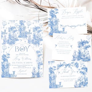 It&#39;s a Boy Safai Dusty Blue Toile Baby Shower Invitation Bundle, Toile Jungle Baby Shower Editable Invitation Template, Elegant Boy Invite