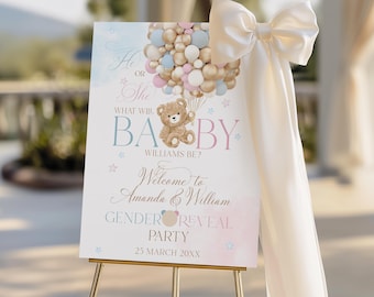 Teddy Bear Gender Reveal Welcome Sign, Pink or Blue (Printable Sign)