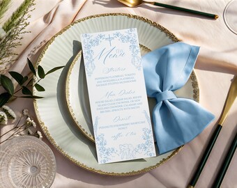 Modèle de menu, tout bleu toile Safari Boy baptême, élégant baptême décoration imprimables (téléchargement numérique)
