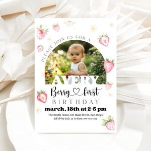May include: A white invitation card with a photo of a baby, strawberries, and daisies. Text includes "Avery Berry first Birthday" and event details. The card is decorated with watercolor-style illustrations.