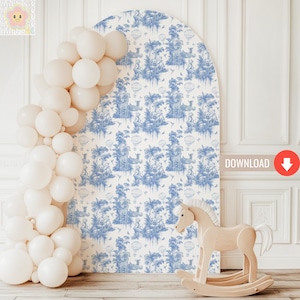 Safari Toile De Jouy Blue Baby Shower Backdrop, Vintage Giraffe Elephant Print Printable Banner, Safari Baby Animal Balloon Party Props