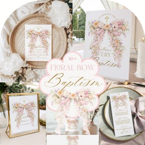 May include: A collection of baptism-themed stationery featuring floral bow designs. The items include invitations, signs, and menus, all adorned with pastel pink, peach, and white flowers, ribbons, and gold accents. The text includes the word "Baptism" and names.