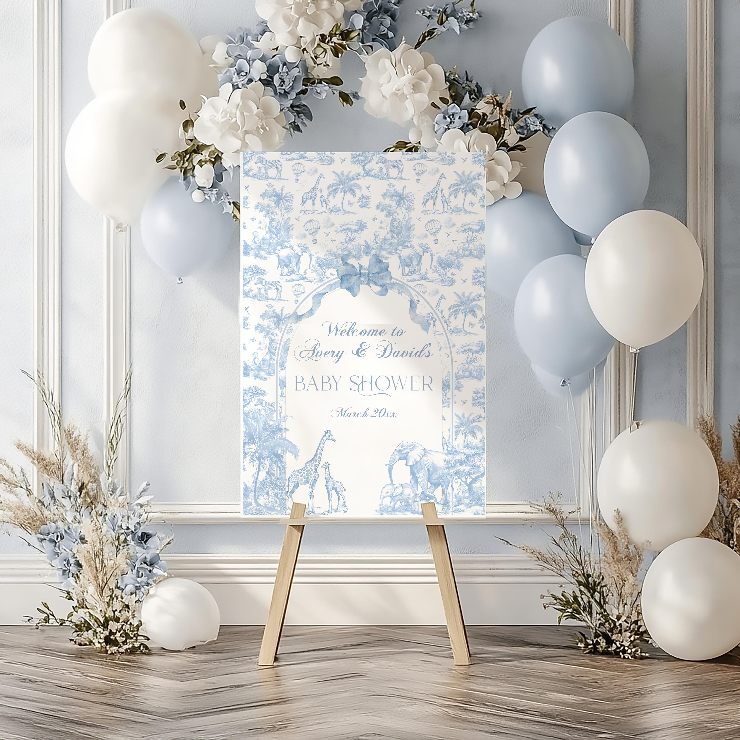 Blue Toile Safari Baby Shower Welcome Sign, Vintage French All Blue Floral Bow Welcome Banner, Safari Animal Theme, Toile De Jouy Printable