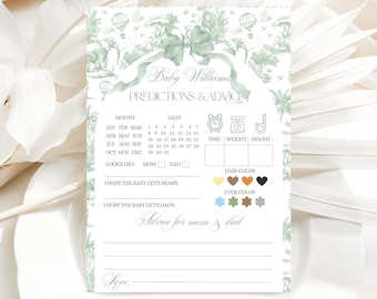 Predictions and Advice Game Card Toile Safari Baby Shower Printable Canva Template (Digital Download)