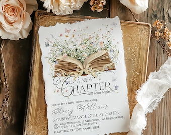 Invitación para baby shower con el comienzo de un nuevo capítulo, baby shower con cuento de hadas, invitación digital con mariposas y flores silvestres, temática de libros antiguos, descarga digital
