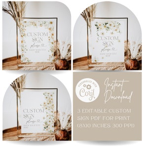 Daisy Floral Baby Shower Custom Sign, Editable Floral Custom Sign, Boho Neutral Baby Shower Digital Template, Baby in Bloom Wildflower