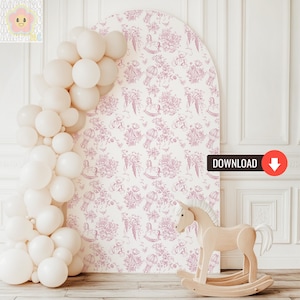 Toile de jouy roze achtergrond babyshower, vintage toile bloemenpatroon babyfeestje rekwisieten, chinoiserie roze strik afdrukbare digitale download