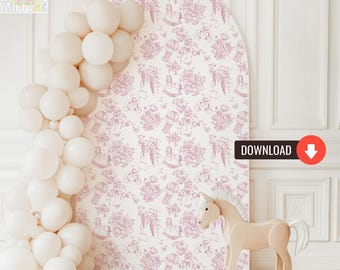Toile De Jouy Pink Baby Shower Backdrop, Vintage Floral Toile Pattern Baby Girl Party Props, Chinoiserie Pink Bow Printable Digital Download