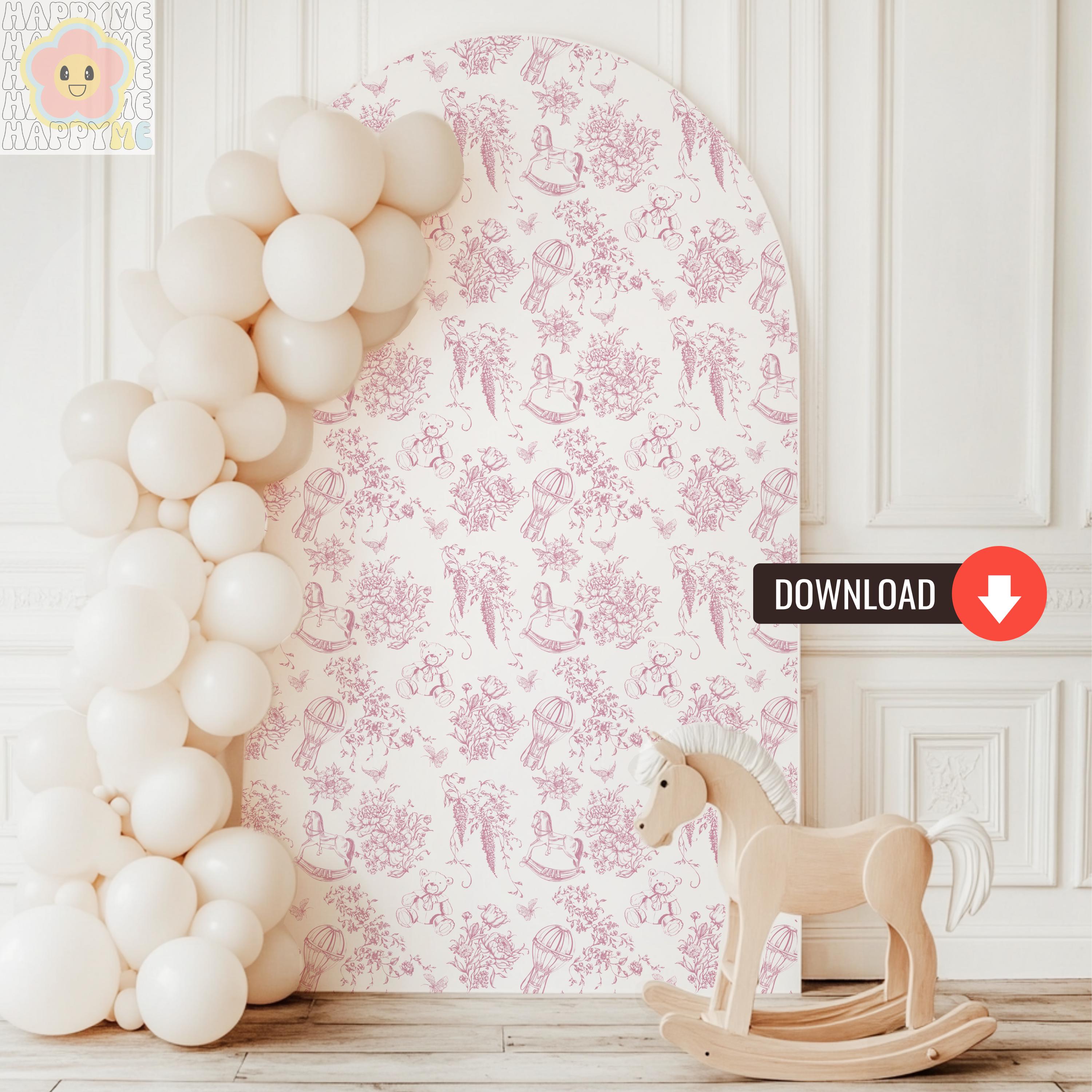 Toile de jouy roze achtergrond babyshower, vintage toile bloemenpatroon babyfeestje rekwisieten, chinoiserie roze strik afdrukbare digitale download
