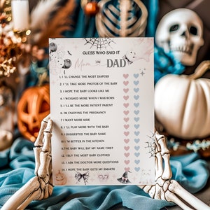 Juegos para baby shower de Adivina quién es mamá o papá, juegos imprimibles de Adivina quién es mamá o papá, tarjeta de juego editable de Halloween de Little Boo, baby shower de octubre