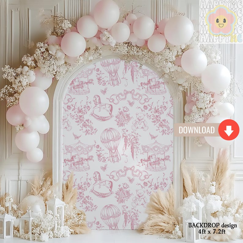 Toile Photo Backdrop Toile Baby Shower Backdrop: Pink Carousel, Floral Design (digital ...