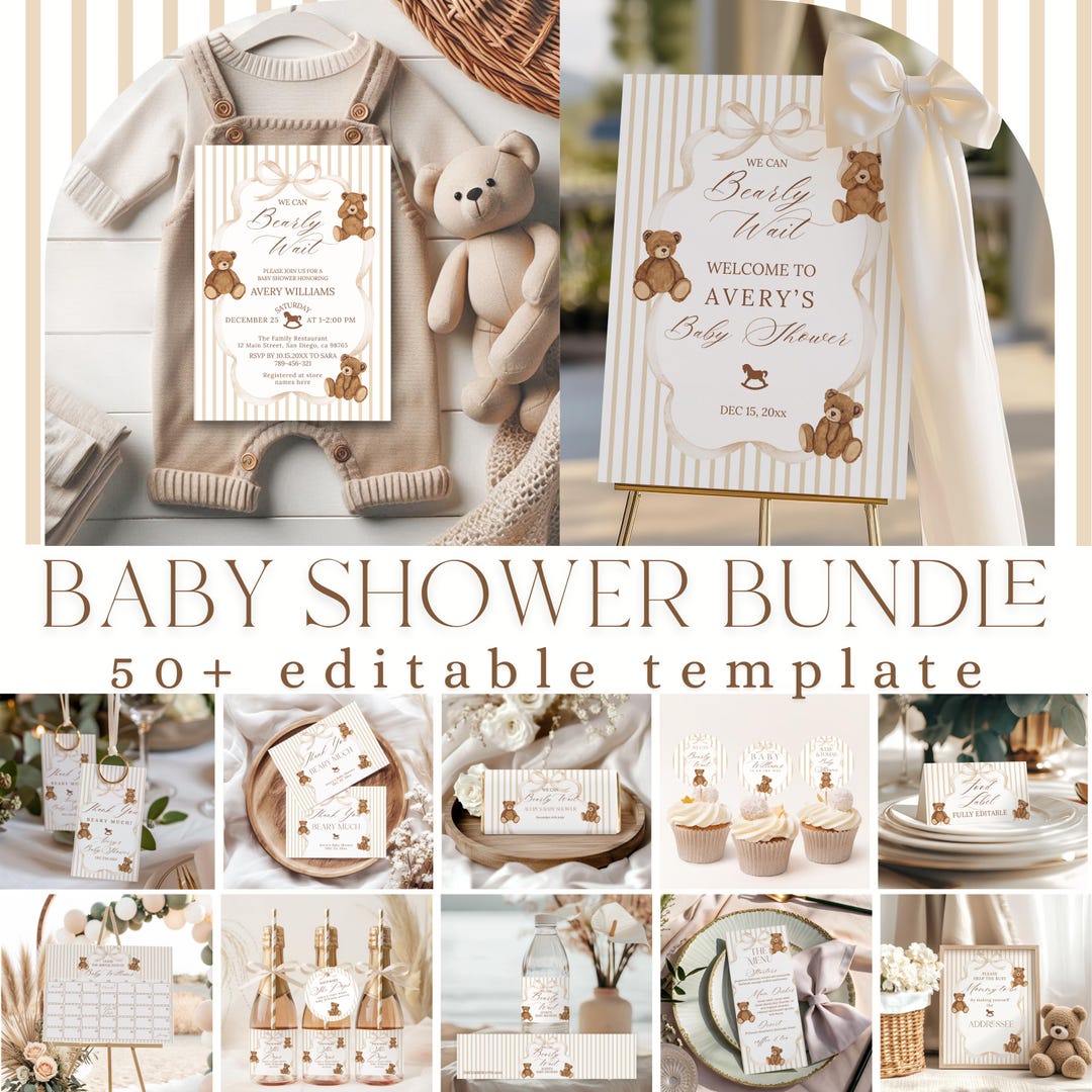 Editable Neutral Teddy Bear Baby Shower Bundle, We Can Bearly Wait ...