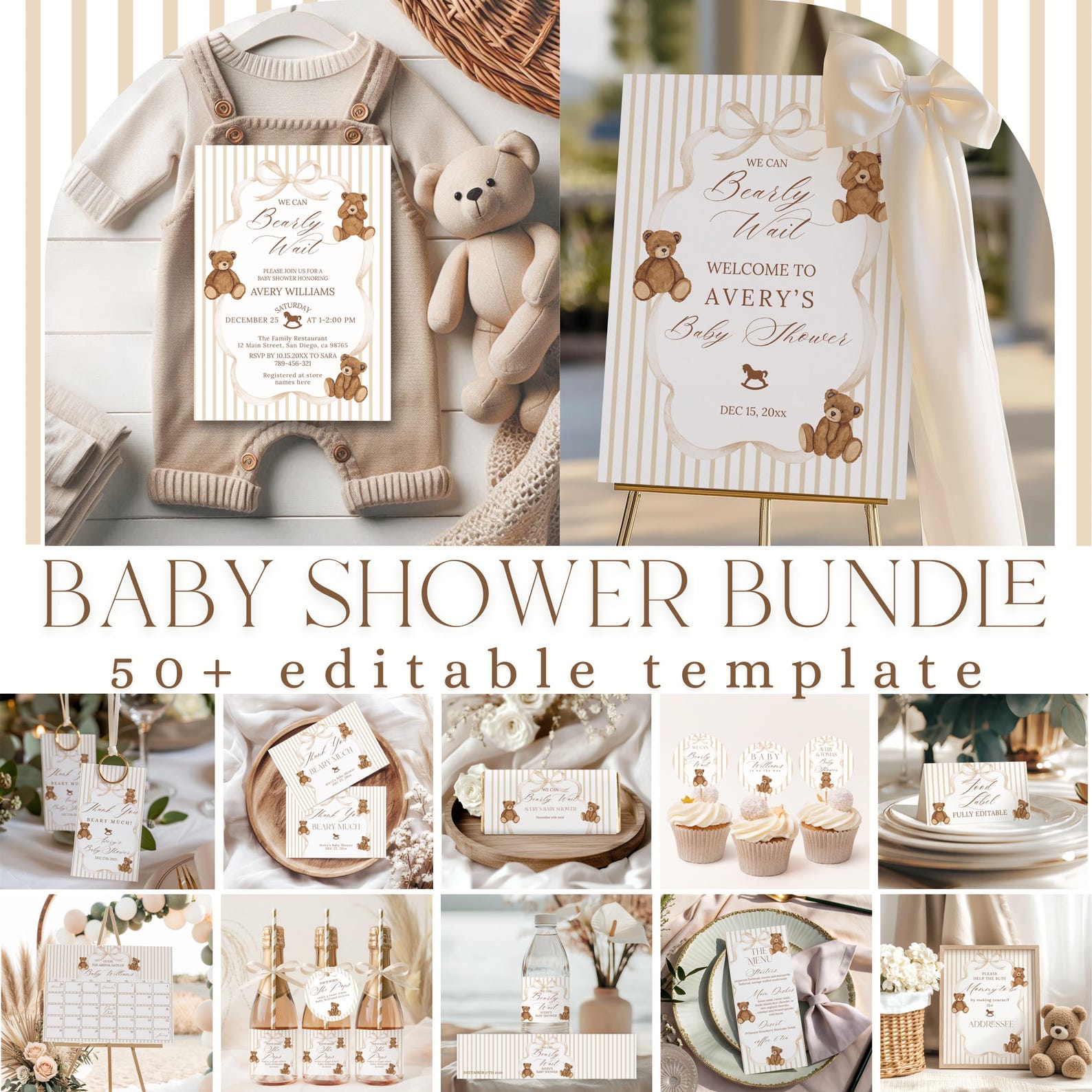 Editable Neutral Teddy Bear Baby Shower Bundle, We Can Bearly Wait ...
