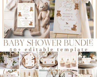 We Can Bearly Wait babyshowerbundel, teddybeer afdrukbare games en decorpakket, genderneutraal canvas bewerkbare sjablonen