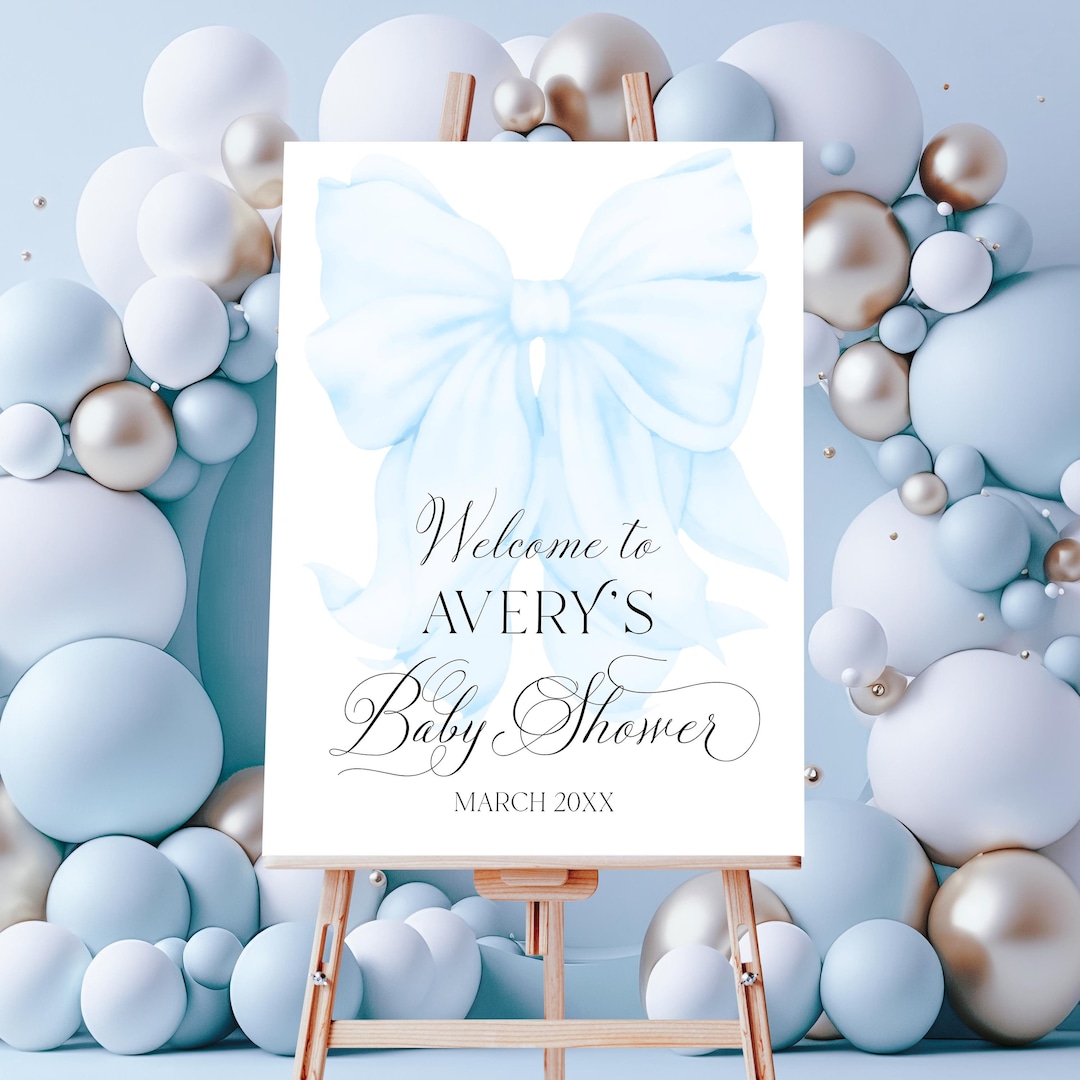Welcome Sign Blue Bow Baby Shower, Minamal Baby Boy Shower Sign, Blue ...