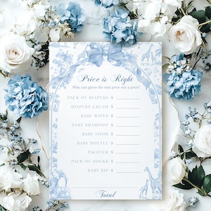 Blauwe toile-safari prijs is goed Game Card, Franse bloemen strik babyshower spel, safari dieren thema afdrukbaar spel, raad de prijs