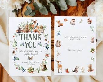 Woodland Baby Shower Thank You Card, Animals, Editable Template (PDF)
