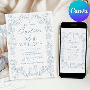 May include: Baptism invitation featuring a blue floral design with a cross, hot air balloon, teddy bear, and rocking horse illustrations. The invitation includes the name "David Williams", date, time, and RSVP information. A smartphone displays the same design.