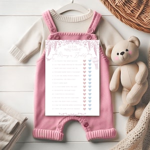 Puede incluir: Una tarjeta de juego de baby shower rosa y azul con el título "Adivina quién lo dijo: Mamá o Papá?" y una lista de 14 preguntas sobre el embarazo y los eventos relacionados con el bebé. La tarjeta de juego tiene un diseño floral con corazones rosas y azules.