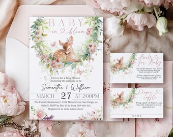 Deer Baby Shower Invitation Bundle, Floral Woodland Theme (Digital Download)