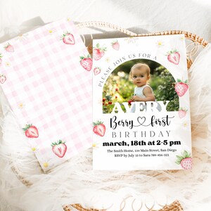 May include: Avery Berry first birthday invitation with a photo of a baby. The invitation features a white background with a strawberry and daisy design. The text includes the date, time, and location of the party.
