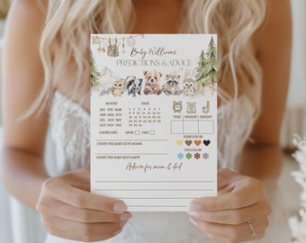 Tarjeta imprimible con predicciones de animales del bosque para baby shower (descarga digital Canva)