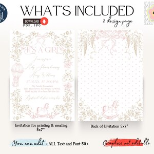 Op de afbeelding: Een ontwerp voor een uitnodiging voor een babyshower van twee pagina's. De voorkant heeft de tekst "It's a Girl" met bloemen- en lintaccenten. De achterkant heeft een stippenpatroon. De uitnodiging is 12,7 x 17,8 cm en bevat bewerkbare tekst en lettertypen.