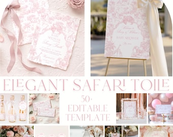 Kit per baby shower a tema safari rosa: invito con stampa vintage Toile de Jouy e fiocco floreale (download digitale)