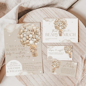 Lot d'invitations modifiables pour baby shower, ballons ours, beige neutre, invitation numérique We can Bearly Wait, carte de remerciement, tombola de couches
