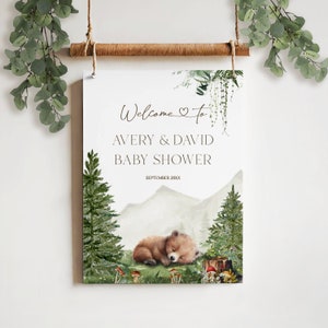 Bearbeitbares Waldland Babyparty Willkommensschild, Adventure Boy Babyparty druckbares Schild, Waldgrünbär Willkommensschild Digitaler Download