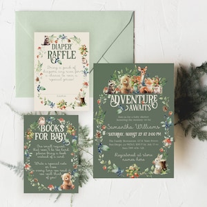 Bearbeitbares Waldtier-Babyparty-Einladungs-Bundle, Sage Green Adventure Erwartet Neutrale Einladungsvorlage, Waldfreunde-Windel-Verlosung