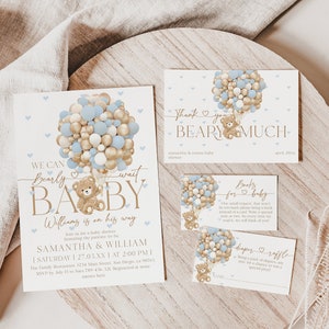 Bear Blue Balloon Baby Boy Shower Invitation Bundle, modifiable We Can Bearly Wait Invite, Boho Bear Baby Shower Carte de remerciement, Tirage au sort de couches