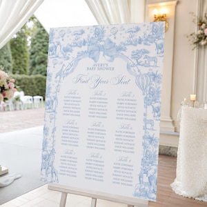 Blue Toile Safari Seating Plan Sign: Floral Baby Shower Decor (Canva Template Download)