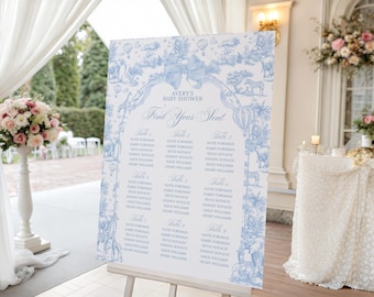 Blue Toile Safari Seating Plan Sign: Floral Baby Shower Decor (Canva Template Download)