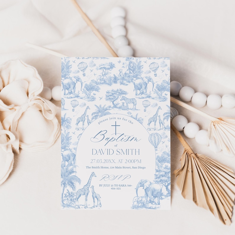May include: A baptism invitation with a blue and white safari animal toile pattern. The invitation includes the text "Baptism of David Smith" and RSVP information. The design features elephants, giraffes, and hot air balloons.