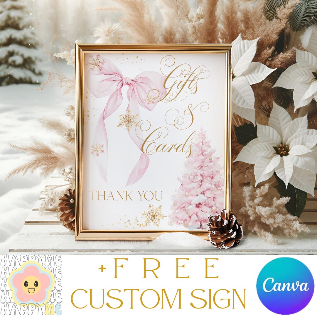 Gift Card Sign In Editable Gift & Cards Sign Pink Bow Winter Baby Shower, Christmas ...